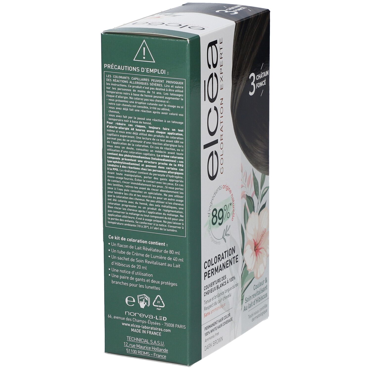 Vue latérale de la boîte de coloration ELCEA. Contenu: lotion révélatrice, crème, lait. 3 Châtain foncé.
