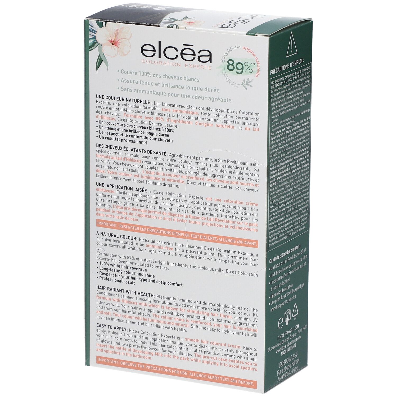 Dos de la boîte de coloration ELCEA. Ingrédients naturels 89%. Instructions d'utilisation.