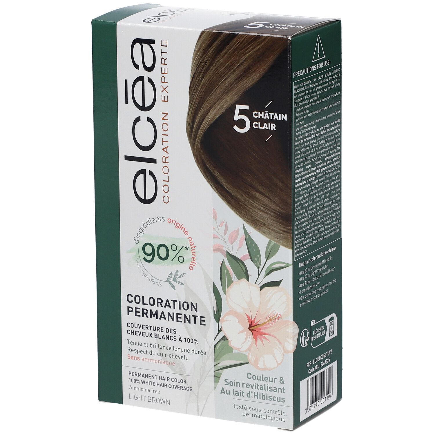 Boîte de coloration permanente Elcea, teinte 5 Châtain Clair. Contient 90% d'ingrédients d'origine naturelle. Couverture des cheveux blancs.