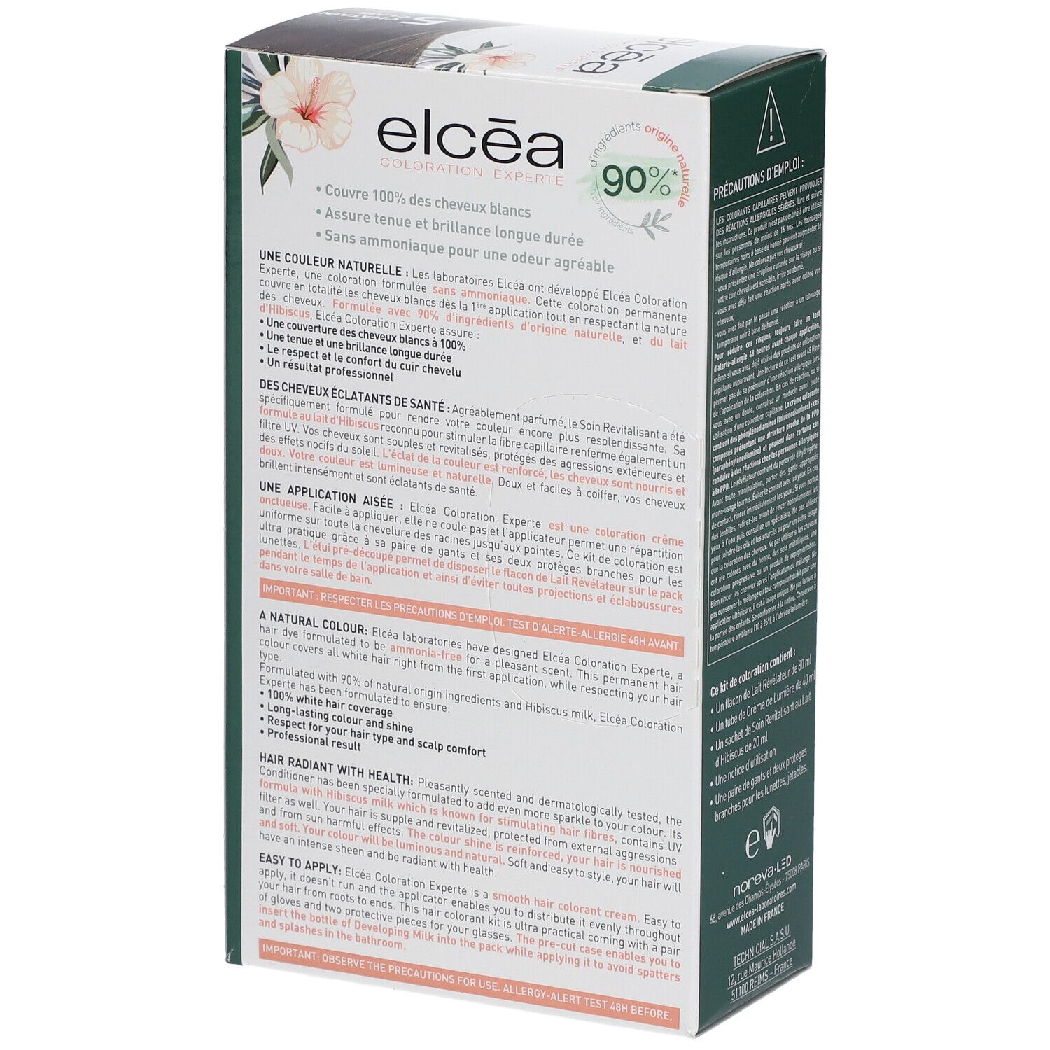 Dos de la boîte de coloration Elcea. Informations sur les ingrédients, l'application et les avantages du produit.