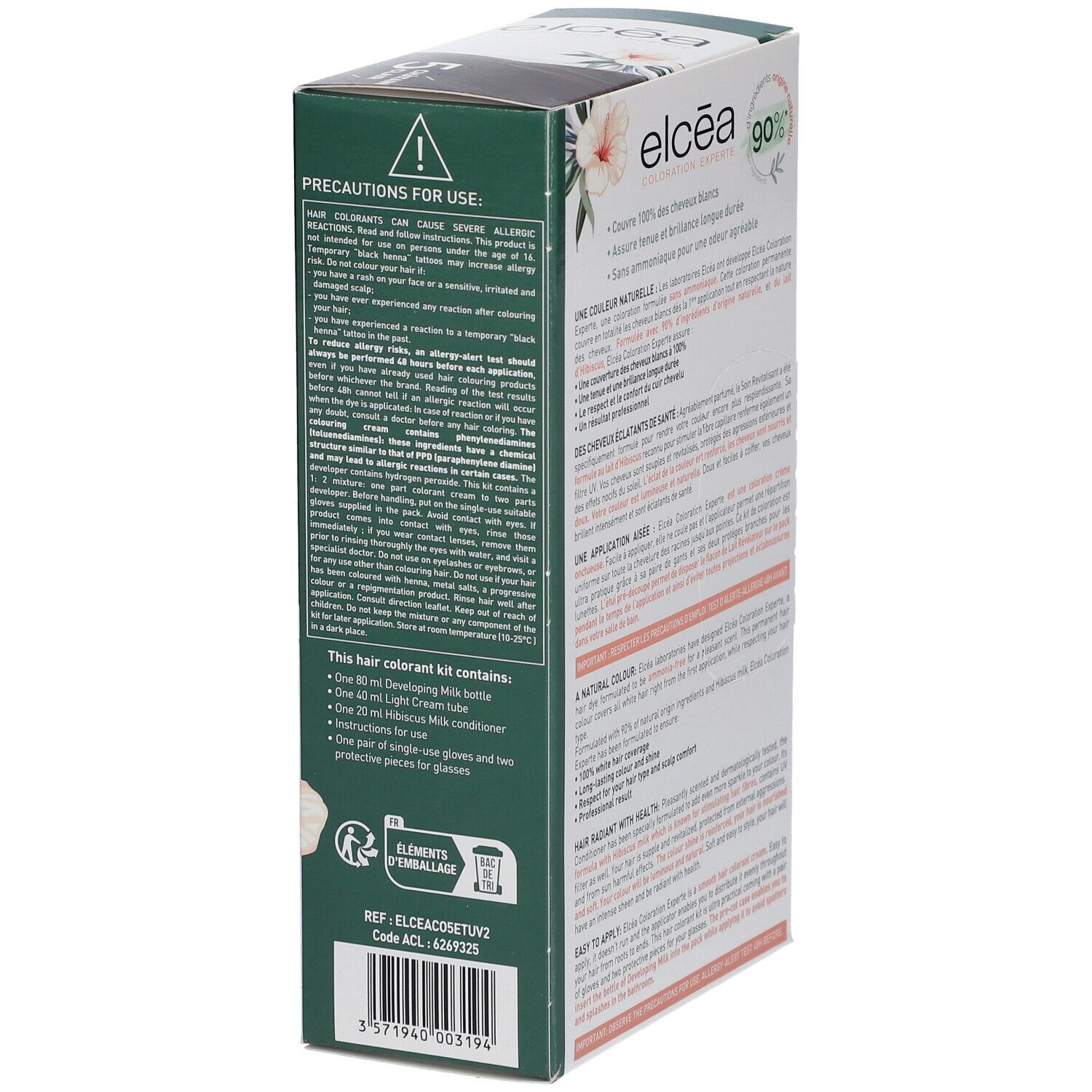 Côté de la boîte de coloration Elcea. Informations sur les ingrédients, les précautions d'emploi et le contenu du kit.