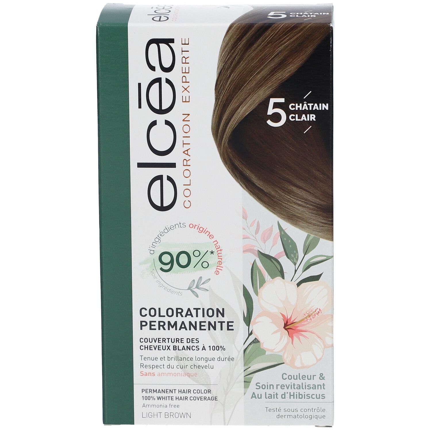 Boîte de coloration permanente Elcea, teinte 5 Châtain Clair. 90% d'ingrédients naturels. Couverture des cheveux blancs.