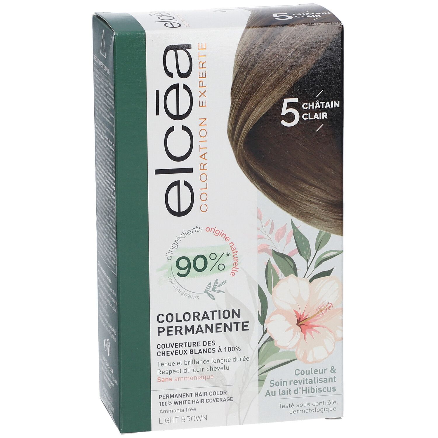 Boîte de coloration permanente Elcea, teinte 5 Châtain Clair. 90% d'ingrédients naturels. Couverture des cheveux blancs.