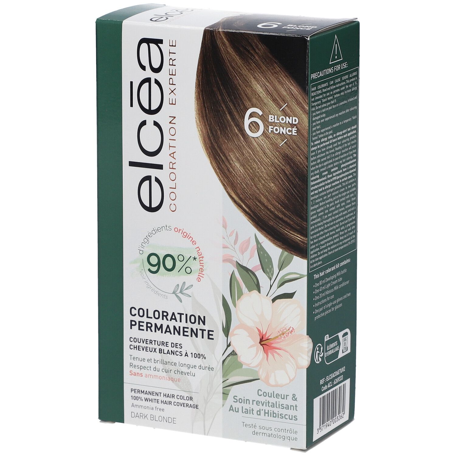 Boîte ELCEA Coloration permanente Blond foncé 6. Visuel produit et motifs floraux. Ingrédients d'origine naturelle à 90%.