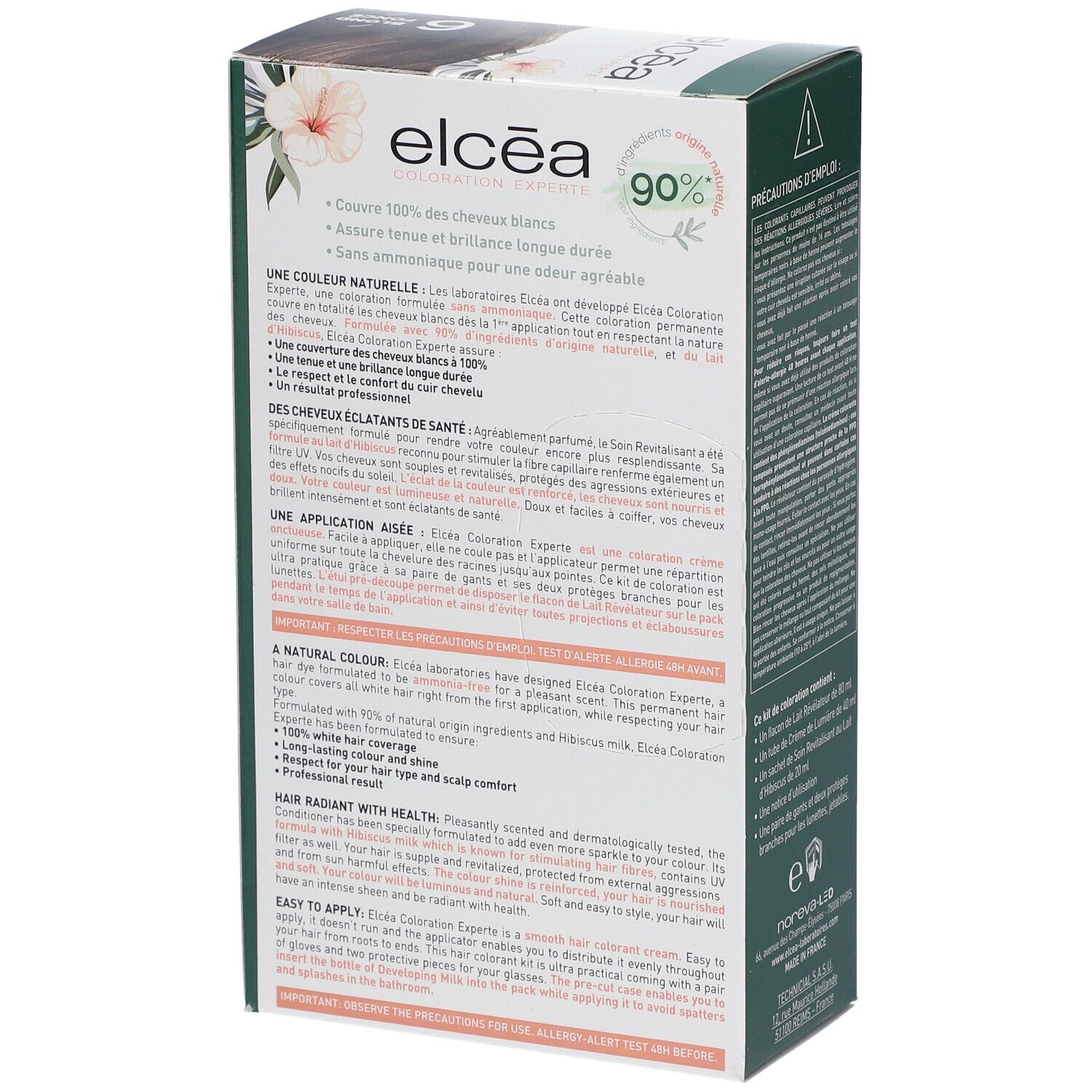 Boîte ELCEA Coloration permanente Blond foncé 6. Informations produit et motifs floraux. Description et avantages du produit.