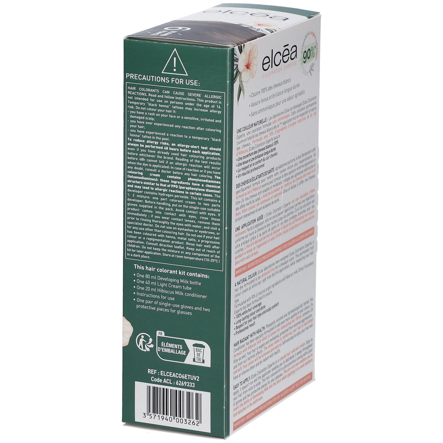 Boîte ELCEA Coloration permanente Blond foncé 6. Informations produit. Ingrédients, avertissements et contenu du kit.