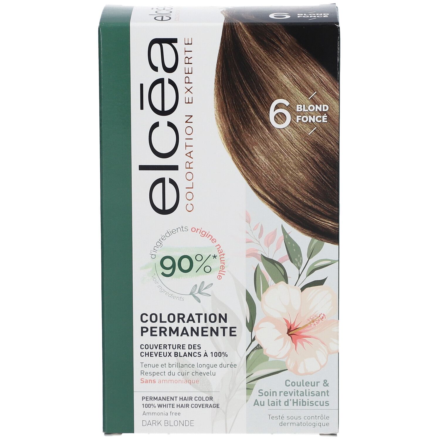Boîte ELCEA Coloration permanente Blond foncé 6. Visuel produit et motifs floraux. Ingrédients d'origine naturelle à 90%.