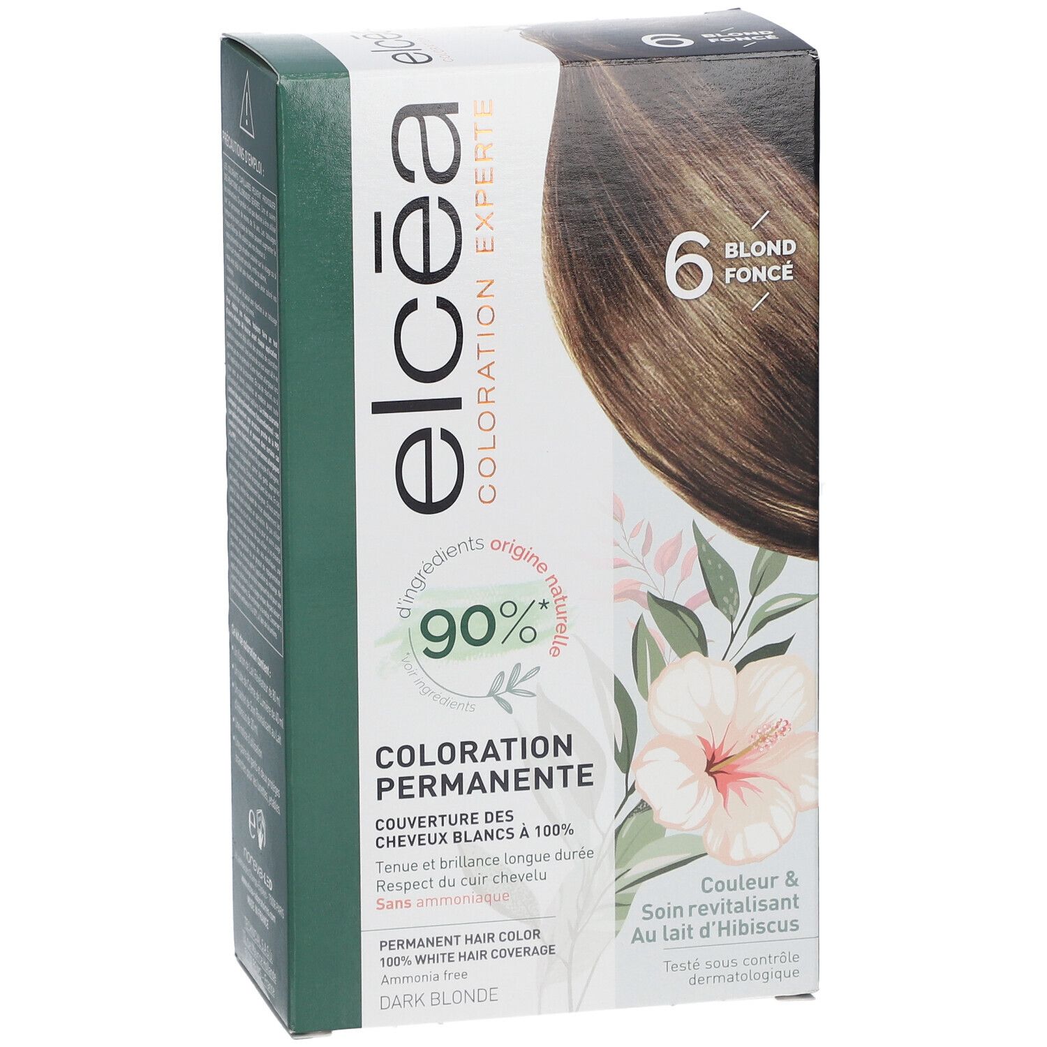 Boîte ELCEA Coloration permanente Blond foncé 6. Visuel produit et motifs floraux. Ingrédients d'origine naturelle à 90%.