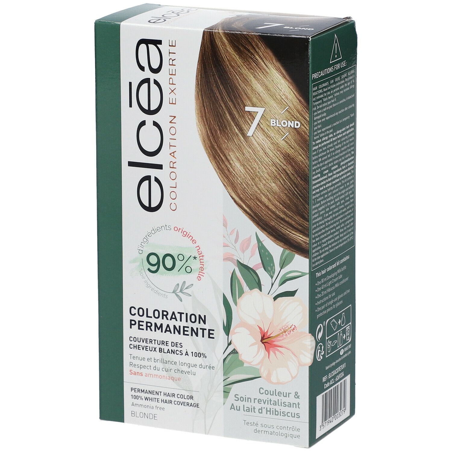 Boîte ELCÉA Coloration Experte Permanente Blond – 7. Image du produit et texte. Contient 90% d'ingrédients d'origine naturelle.