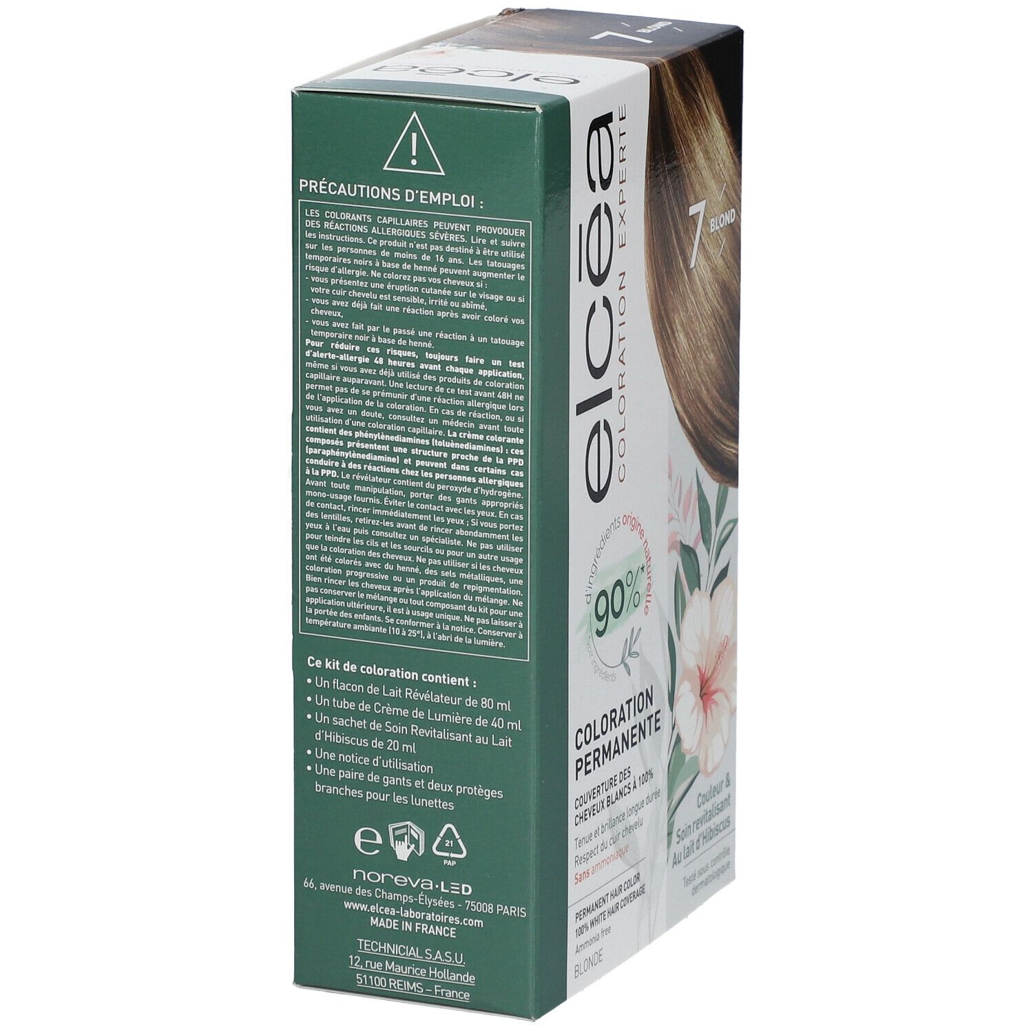Vue latérale de la boîte ELCÉA Coloration Experte Permanente Blond – 7. Texte et informations sur le contenu. Contient 90% d'ingrédients naturels.