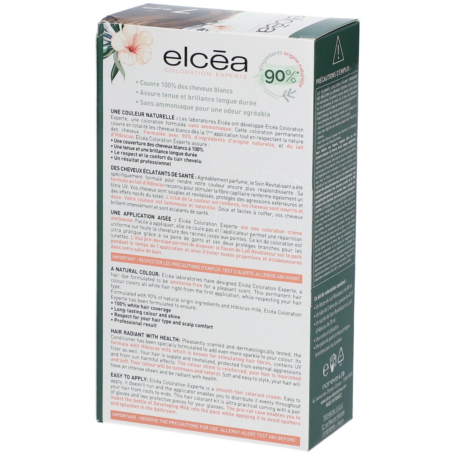 Dos de la boîte ELCÉA Coloration Experte Permanente Blond – 7. Texte avec informations et ingrédients. Contient 90% d'ingrédients naturels.