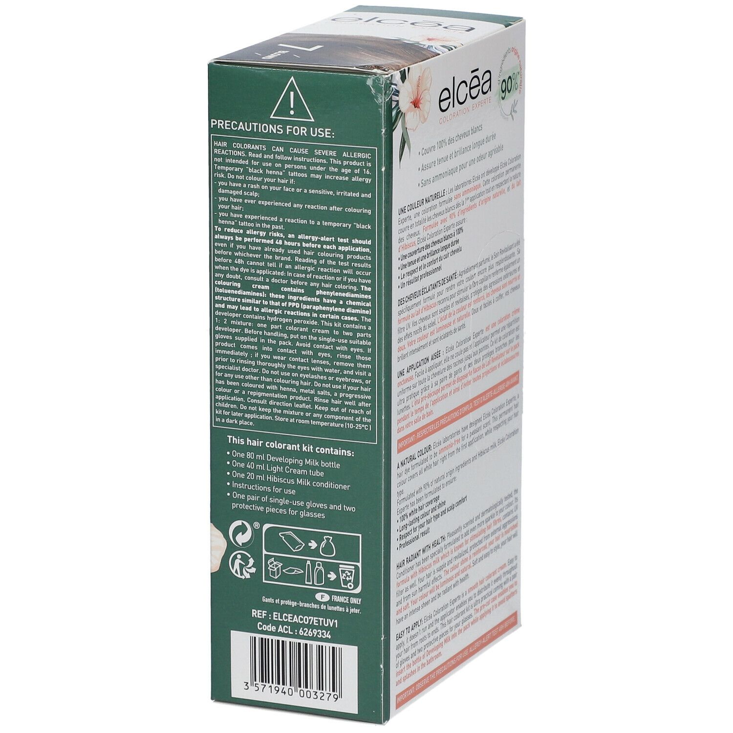 Vue latérale de la boîte ELCÉA Coloration Experte Permanente Blond – 7. Texte et informations sur le contenu. Contient des avertissements.