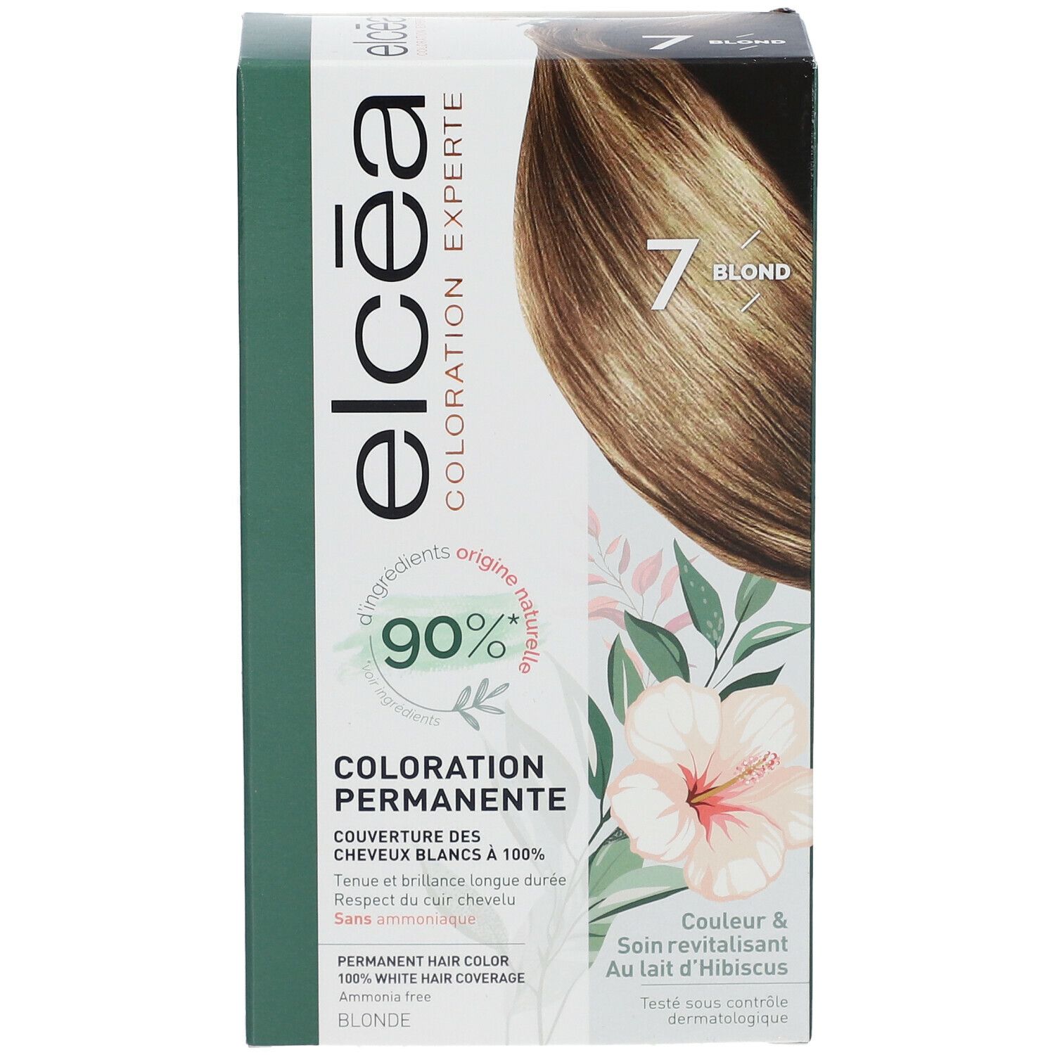 Vue de face de la boîte ELCÉA Coloration Experte Permanente Blond – 7. Image du produit et texte. Contient 90% d'ingrédients naturels.
