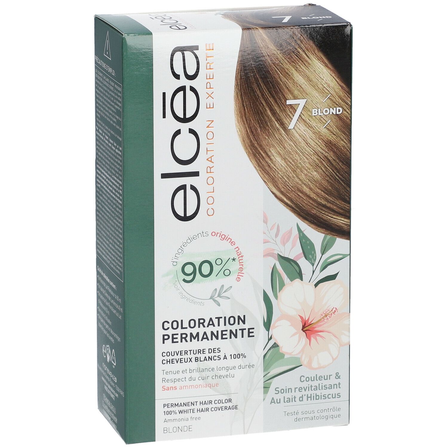 Vue de face de la boîte ELCÉA Coloration Experte Permanente Blond – 7. Image du produit et texte. Contient 90% d'ingrédients naturels.