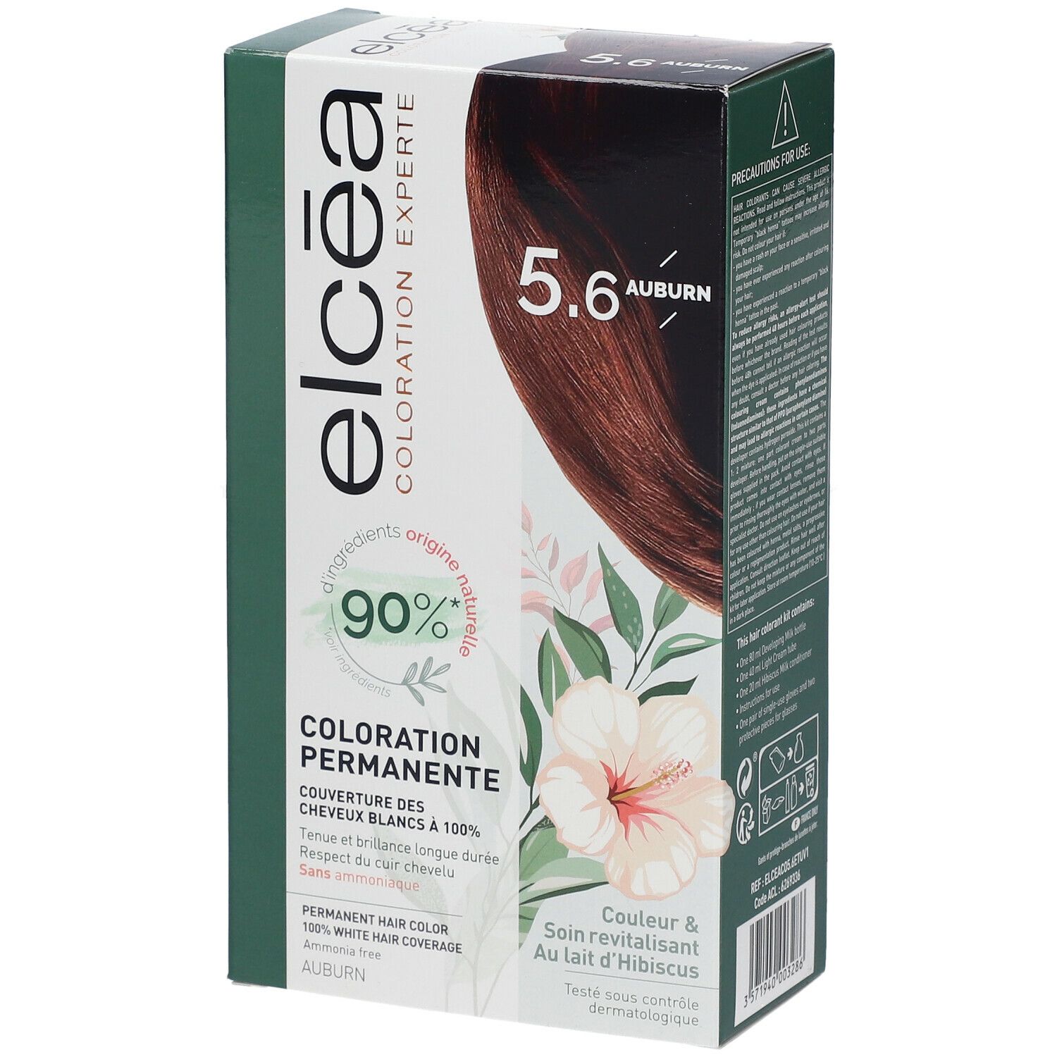 Boîte Elcéa Coloration Permanente Auburn 5.6. Visuel produit et motif floral. 90% ingrédients d'origine naturelle. Couleur auburn.