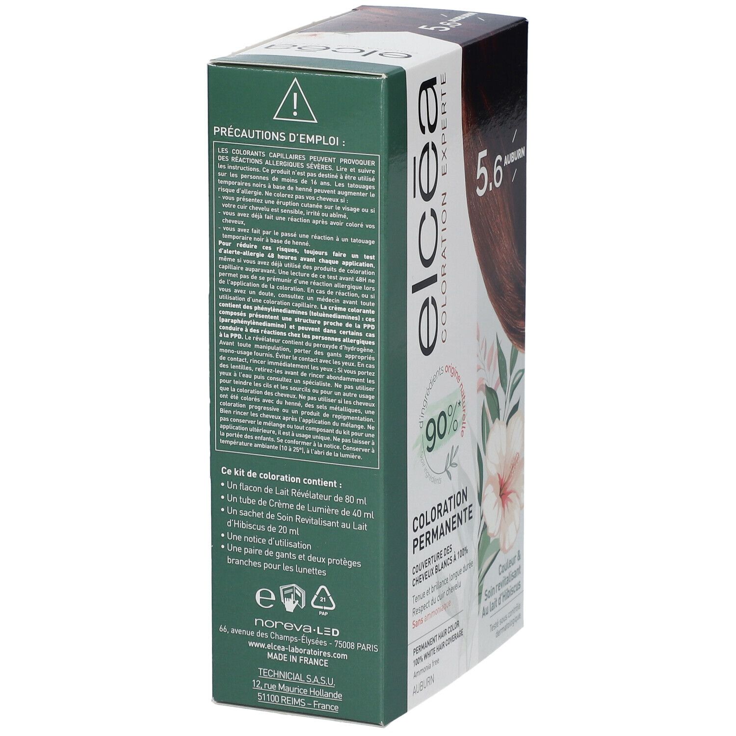 Boîte Elcéa Coloration Permanente Auburn 5.6. Texte et informations sur le contenu. Contient lait conditionneur et gants.