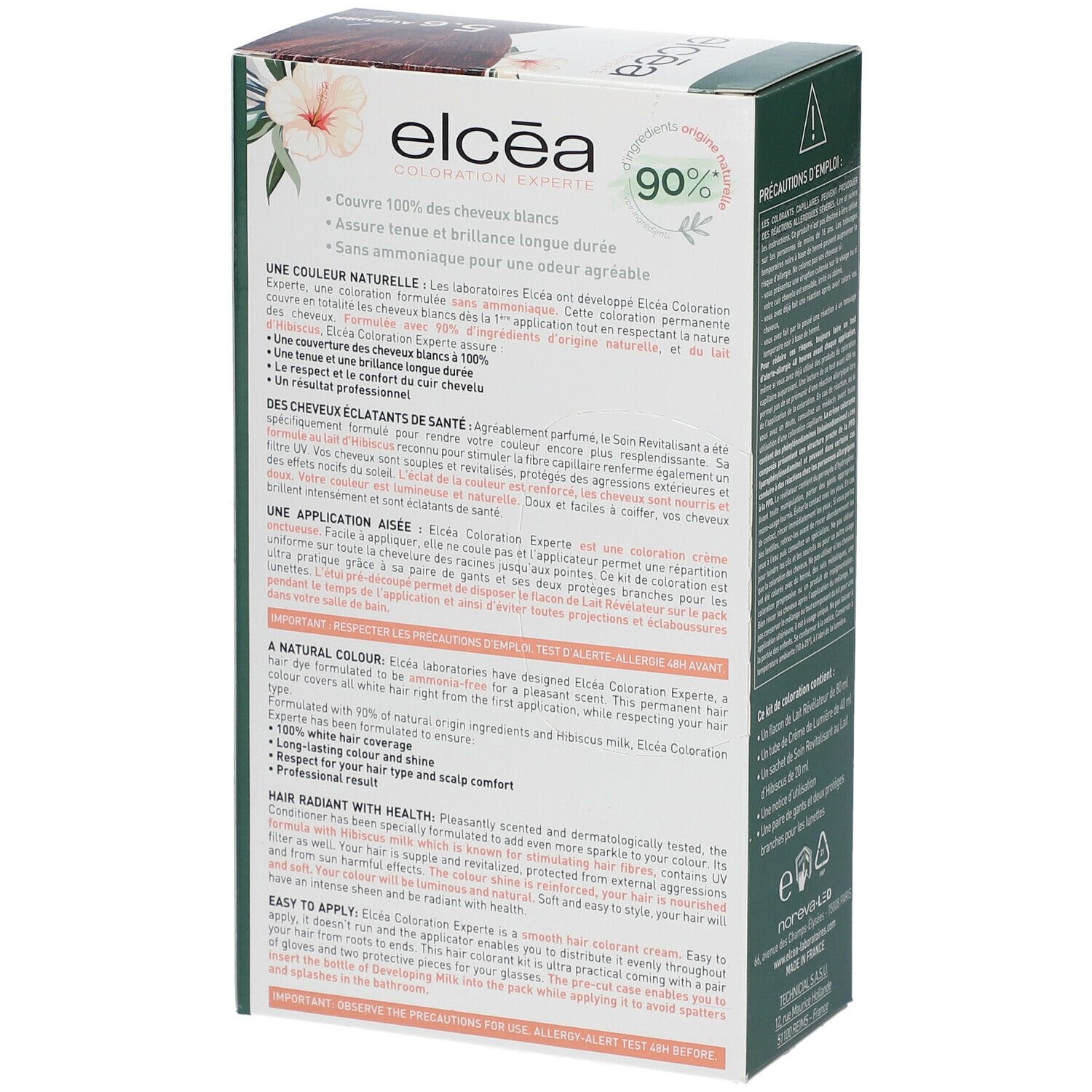 Boîte Elcéa Coloration Permanente Auburn 5.6. Texte. Couvre 100% des cheveux blancs. Couleur naturelle, brillance durable.