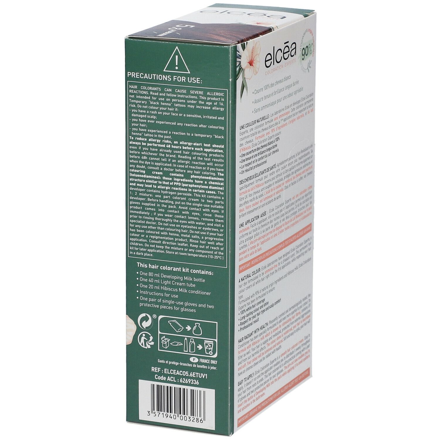 Boîte Elcéa Coloration Permanente Auburn 5.6. Avertissements et contenu. Contient lait conditionneur.