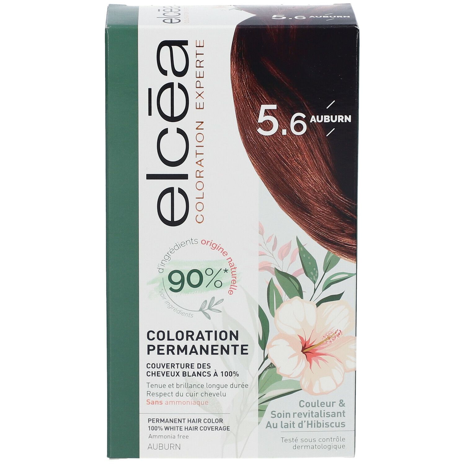 Boîte Elcéa Coloration Permanente Auburn 5.6. Visuel produit et motif floral. 90% ingrédients d'origine naturelle. Couleur auburn.