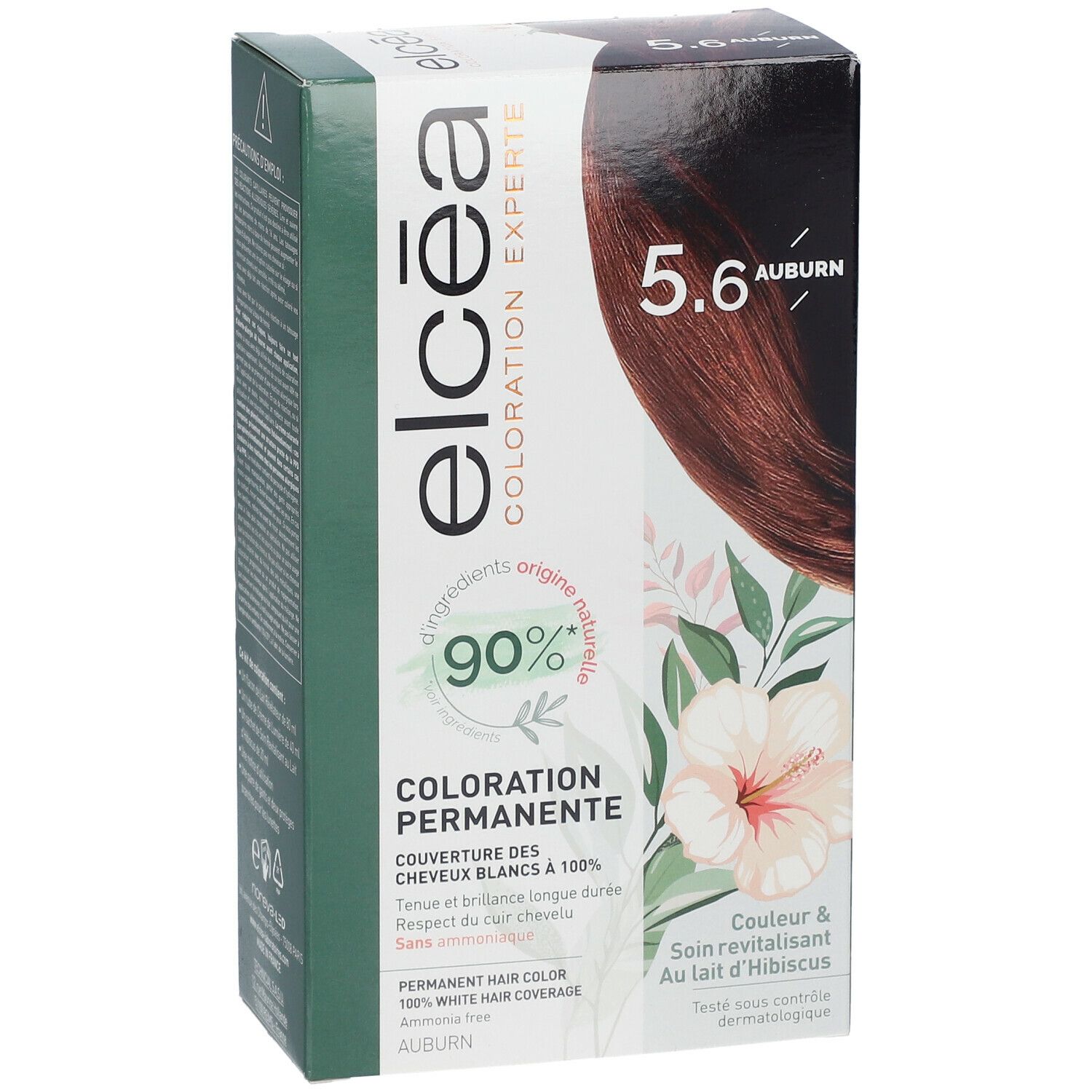 Boîte Elcéa Coloration Permanente Auburn 5.6. Visuel produit et motif floral. 90% ingrédients d'origine naturelle. Couleur auburn.