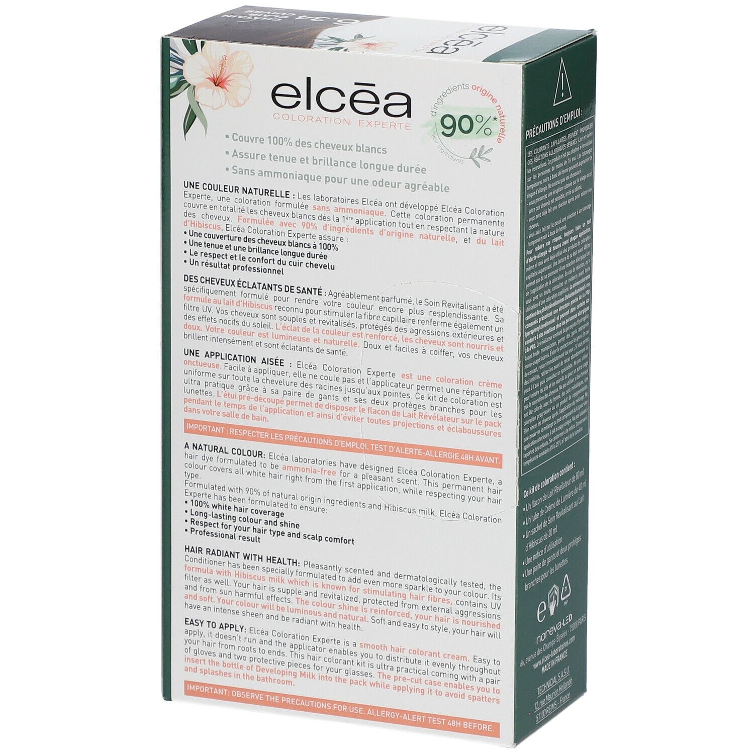 Dos de la boîte ELCÉA Coloration Experte Permanente 6.34. Informations sur le produit et instructions d'utilisation.