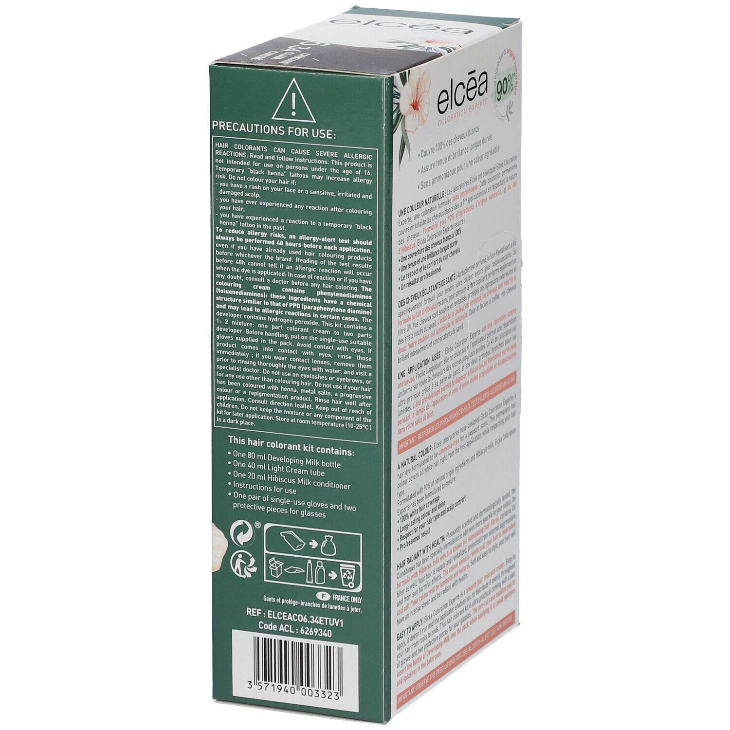 Côté de la boîte ELCÉA Coloration Experte Permanente 6.34. Avertissements et liste des ingrédients.