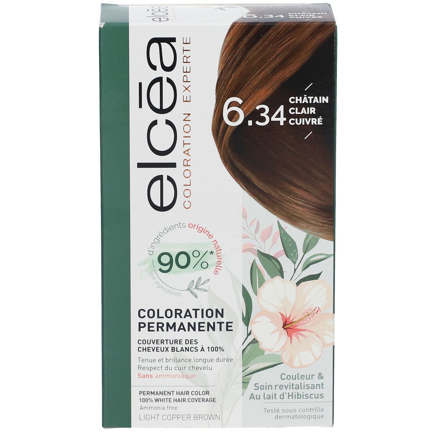 Boîte ELCÉA Coloration Experte Permanente 6.34. Image et texte. 90% ingrédients d'origine naturelle.