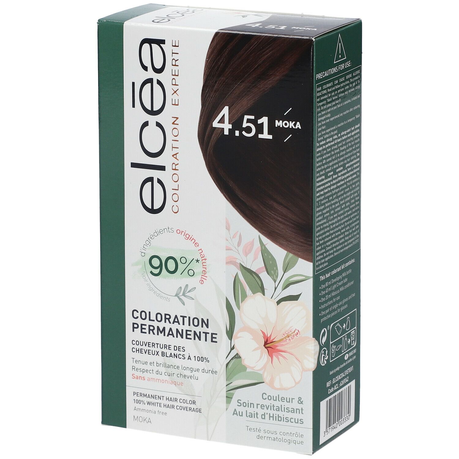 Boîte de coloration permanente Elcéa 4.51 Moka. Ingrédients d'origine naturelle à 90%. Couverture des cheveux blancs à 100%.