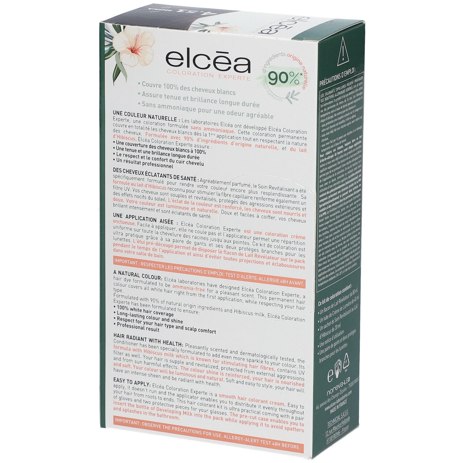Dos de la boîte de coloration Elcéa. Texte en français. 90% ingrédients d'origine naturelle. Couverture 100% des cheveux blancs.