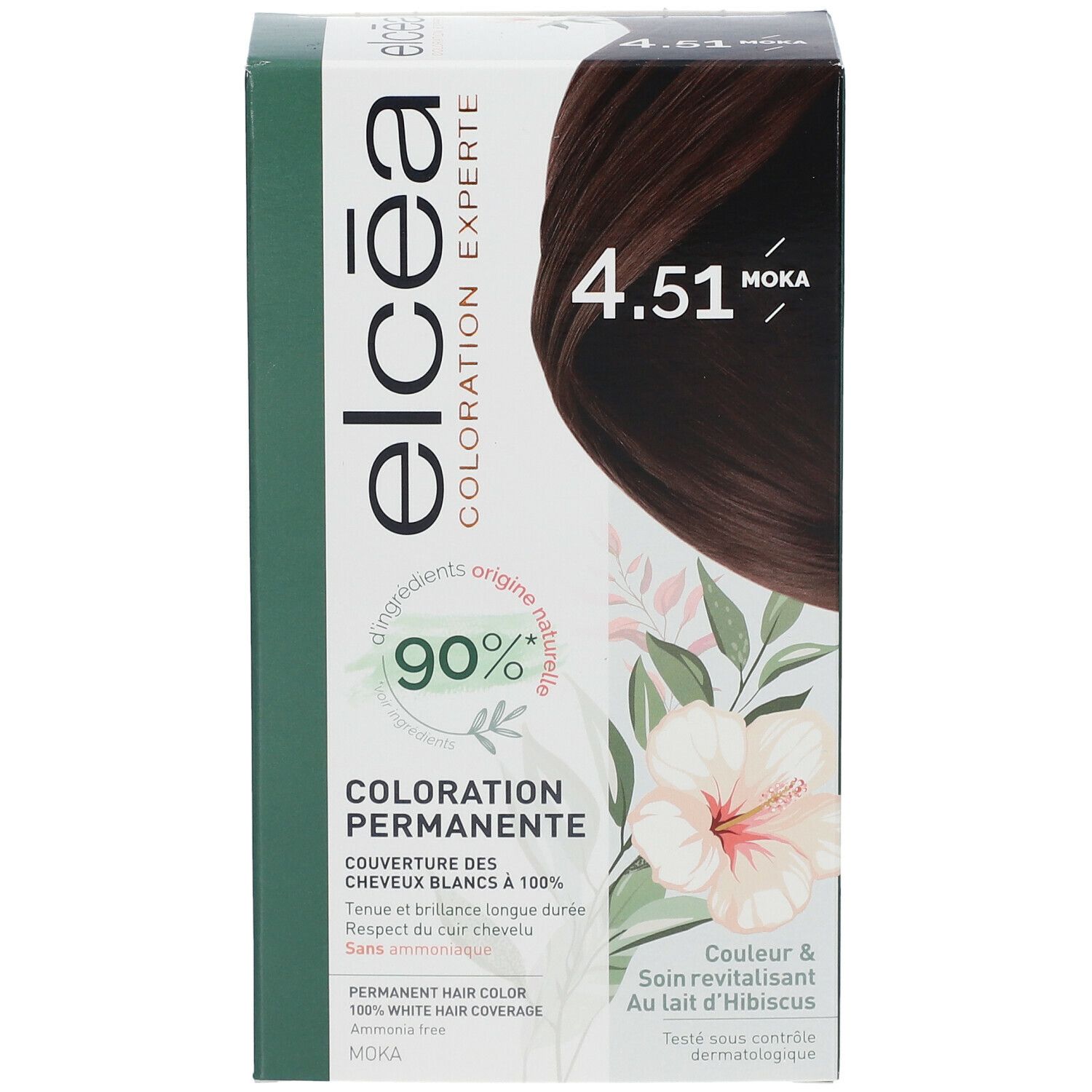 Face avant de la boîte de coloration Elcéa 4.51 Moka. 90% ingrédients d'origine naturelle. Couverture des cheveux blancs à 100%.