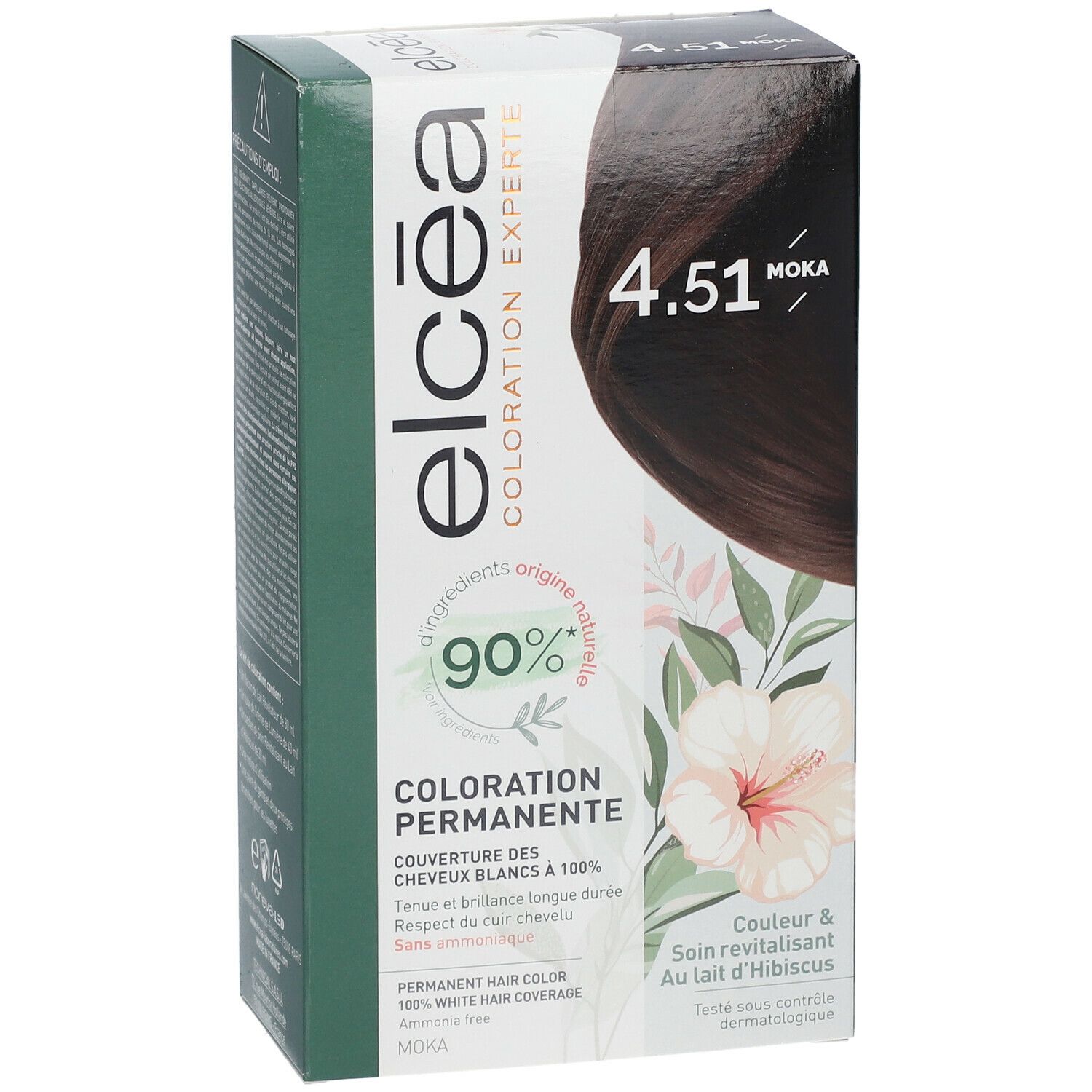 Face avant de la boîte de coloration Elcéa 4.51 Moka. 90% ingrédients d'origine naturelle. Couverture des cheveux blancs à 100%.