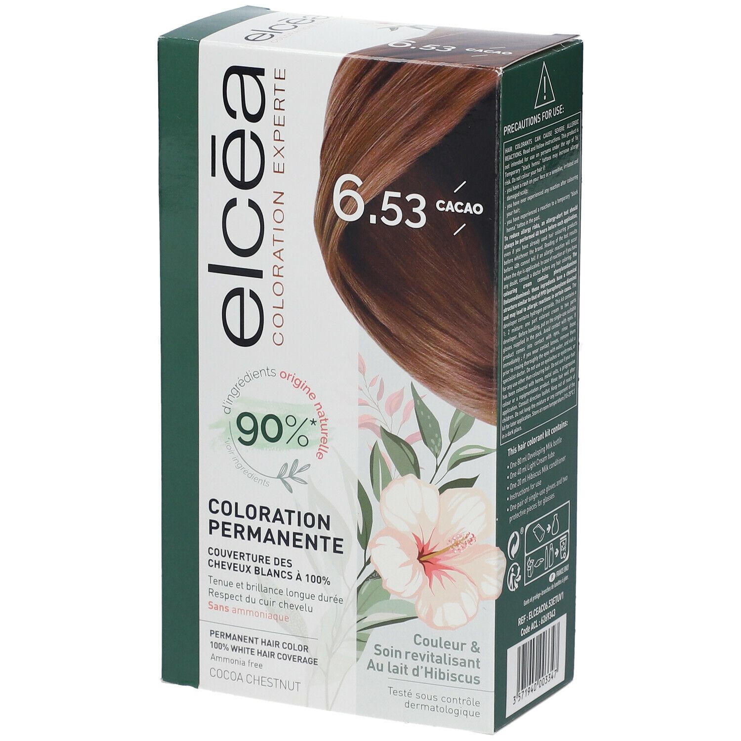 Elcéa Coloration Permanente Cacao 6.53 doos. Productafbeelding en bloemenontwerp. Bevat 90% ingrediënten van natuurlijke oorsprong.