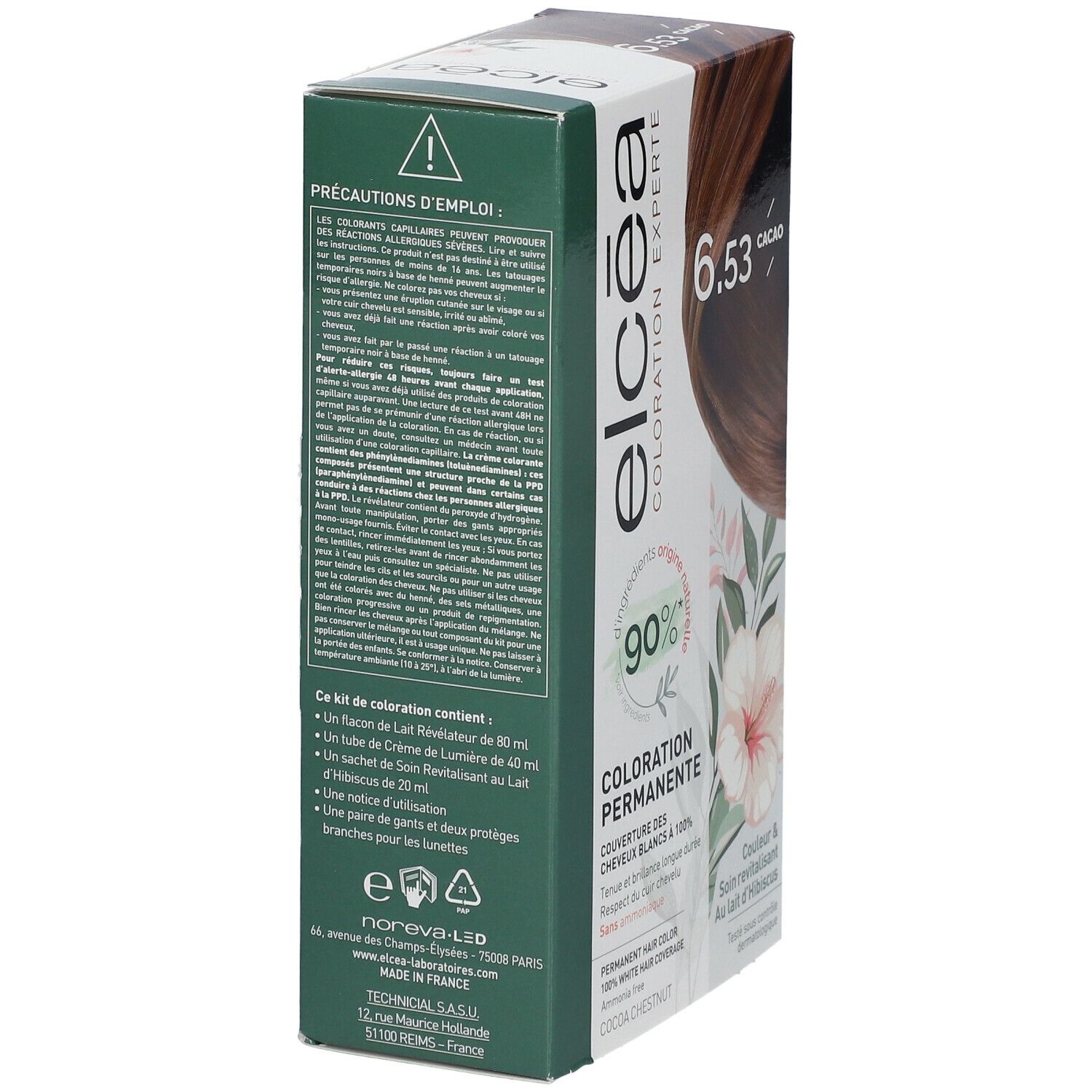 Elcéa Coloration Permanente Cacao 6.53 verpakking. Tekst en waarschuwingen. Informatie over gebruik en ingrediënten.