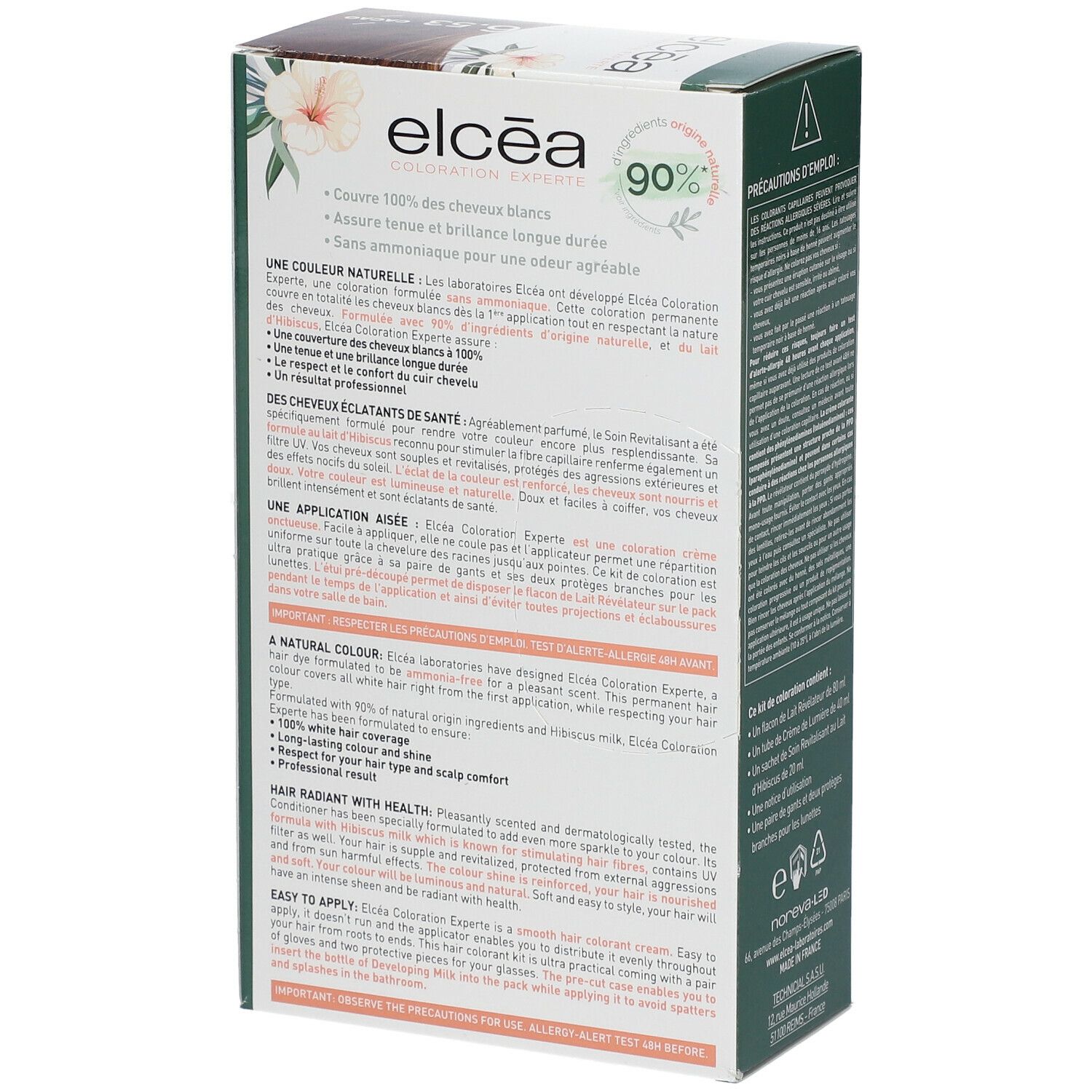 Achterkant van de Elcéa Coloration Permanente Cacao 6.53 verpakking. Productinformatie en bloemenontwerp.