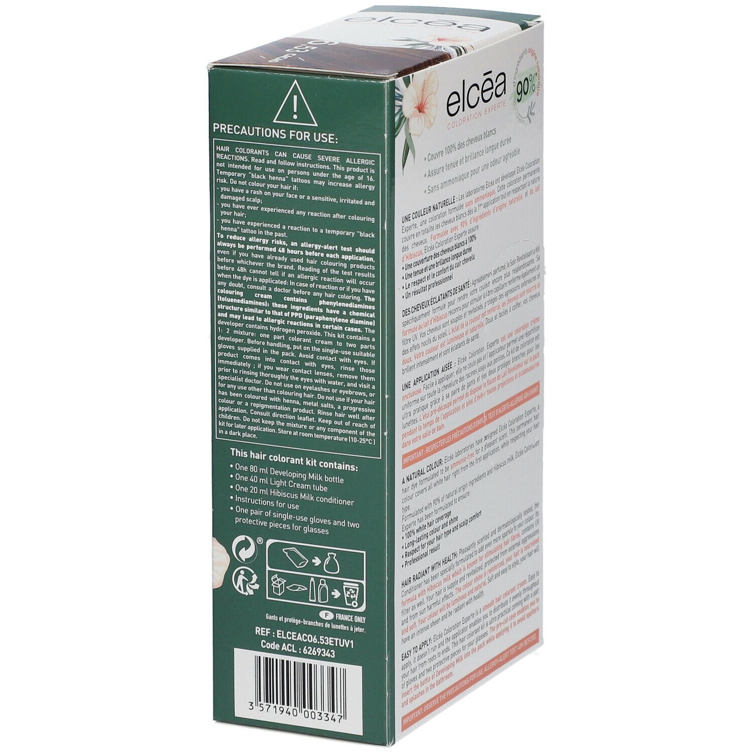 Elcéa Coloration Permanente Cacao 6.53 verpakking. Tekst en waarschuwingen. Informatie over gebruik en ingrediënten.