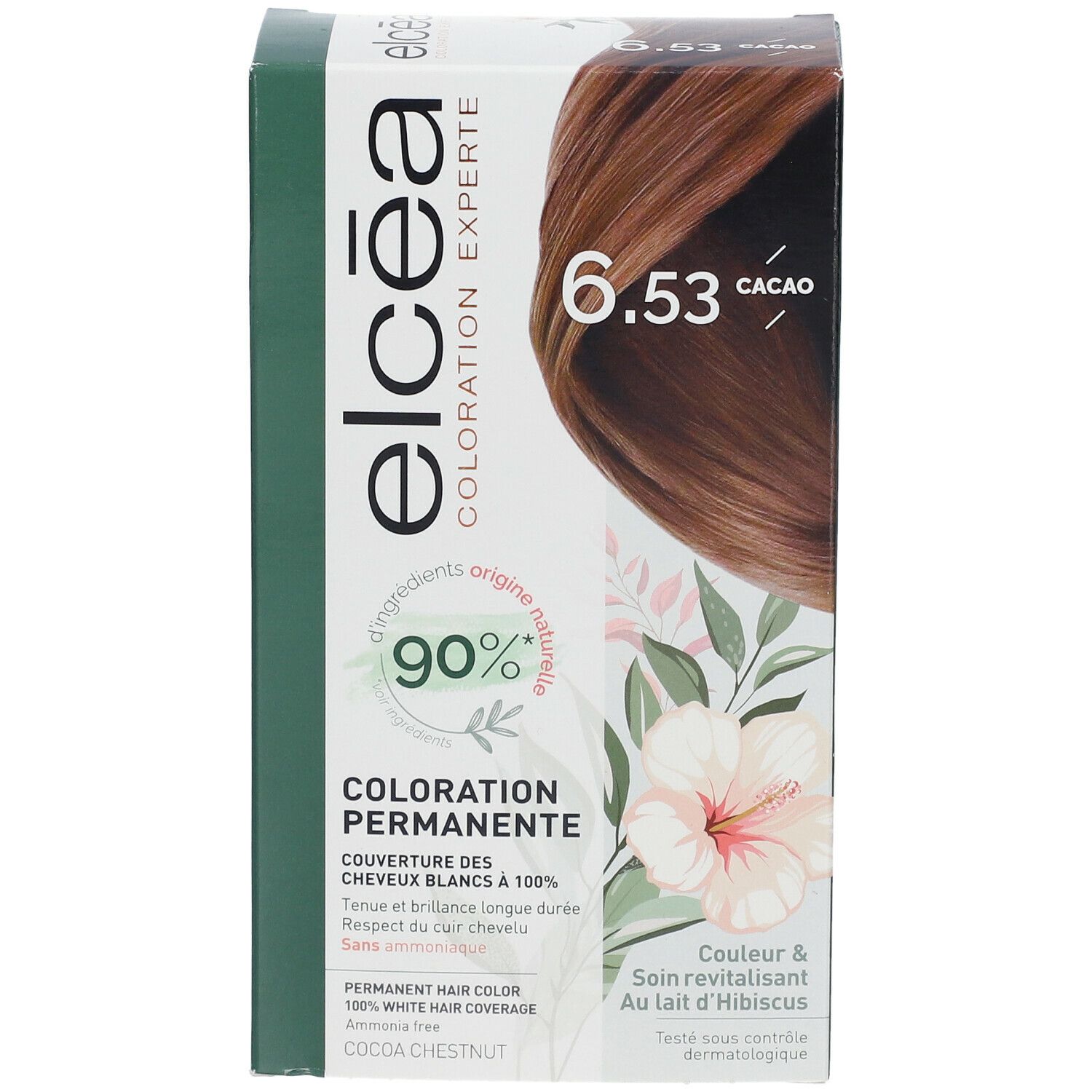 Elcéa Coloration Permanente Cacao 6.53 doos. Productafbeelding en bloemenontwerp. Bevat 90% ingrediënten van natuurlijke oorsprong.