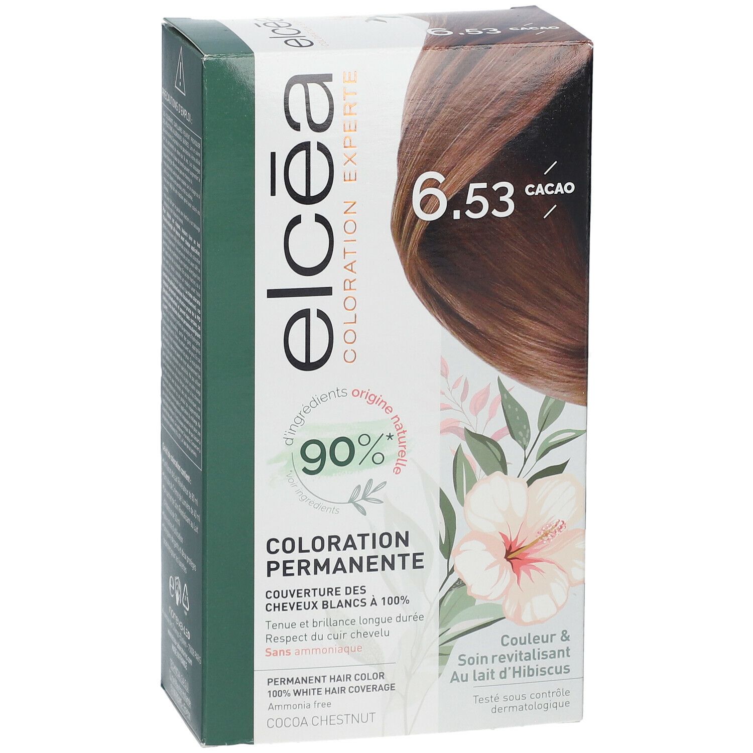 Elcéa Coloration Permanente Cacao 6.53 doos. Productafbeelding en bloemenontwerp. Bevat 90% ingrediënten van natuurlijke oorsprong.