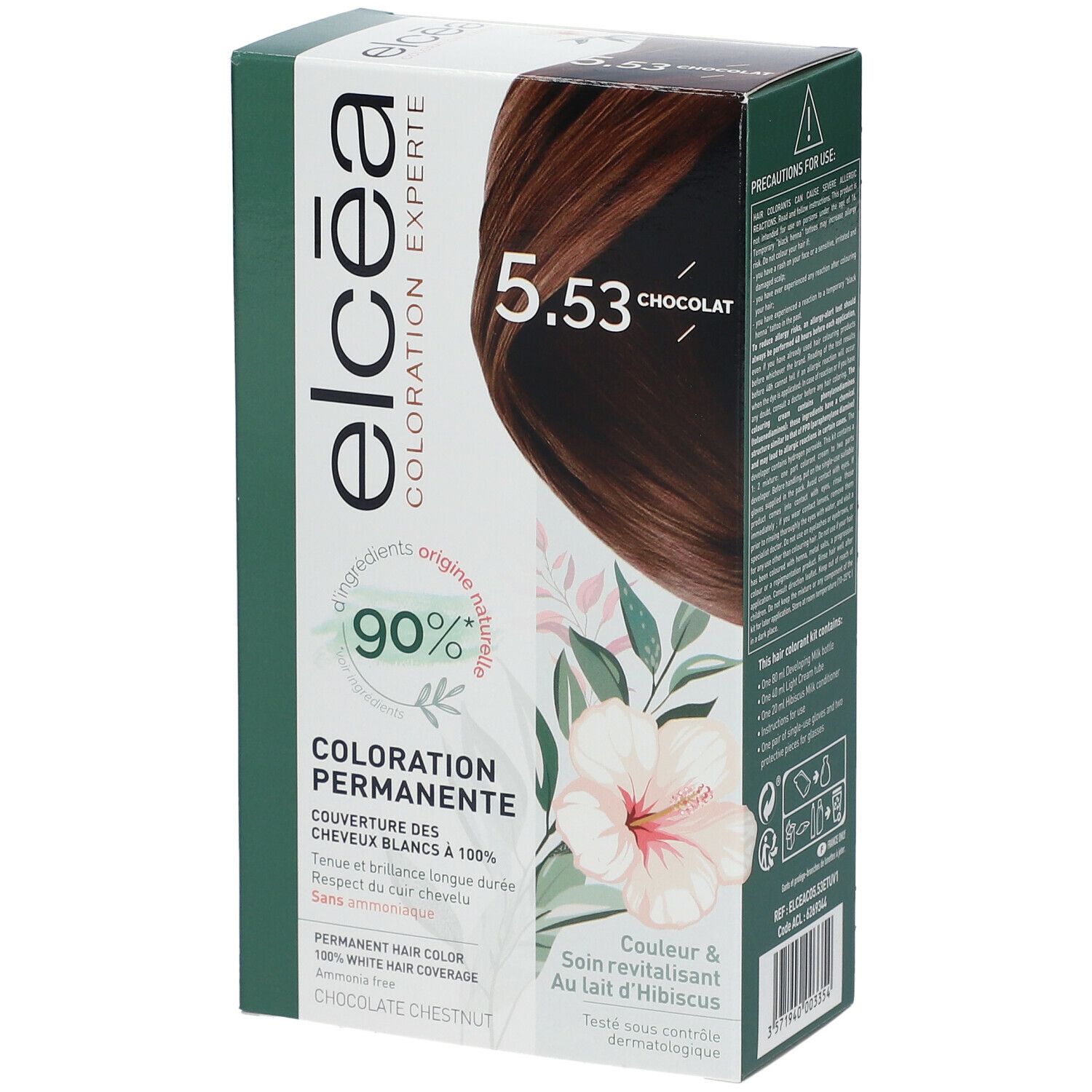 Boîte Elcéa Coloration Permanente Chocolat 5.53. Visuel produit et motif floral. Ingrédients d'origine naturelle à 90%.