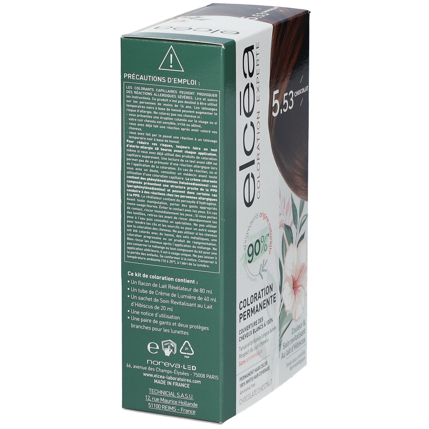 Boîte Elcéa Coloration Permanente Chocolat 5.53. Texte et informations produit. Vue latérale avec motif floral.