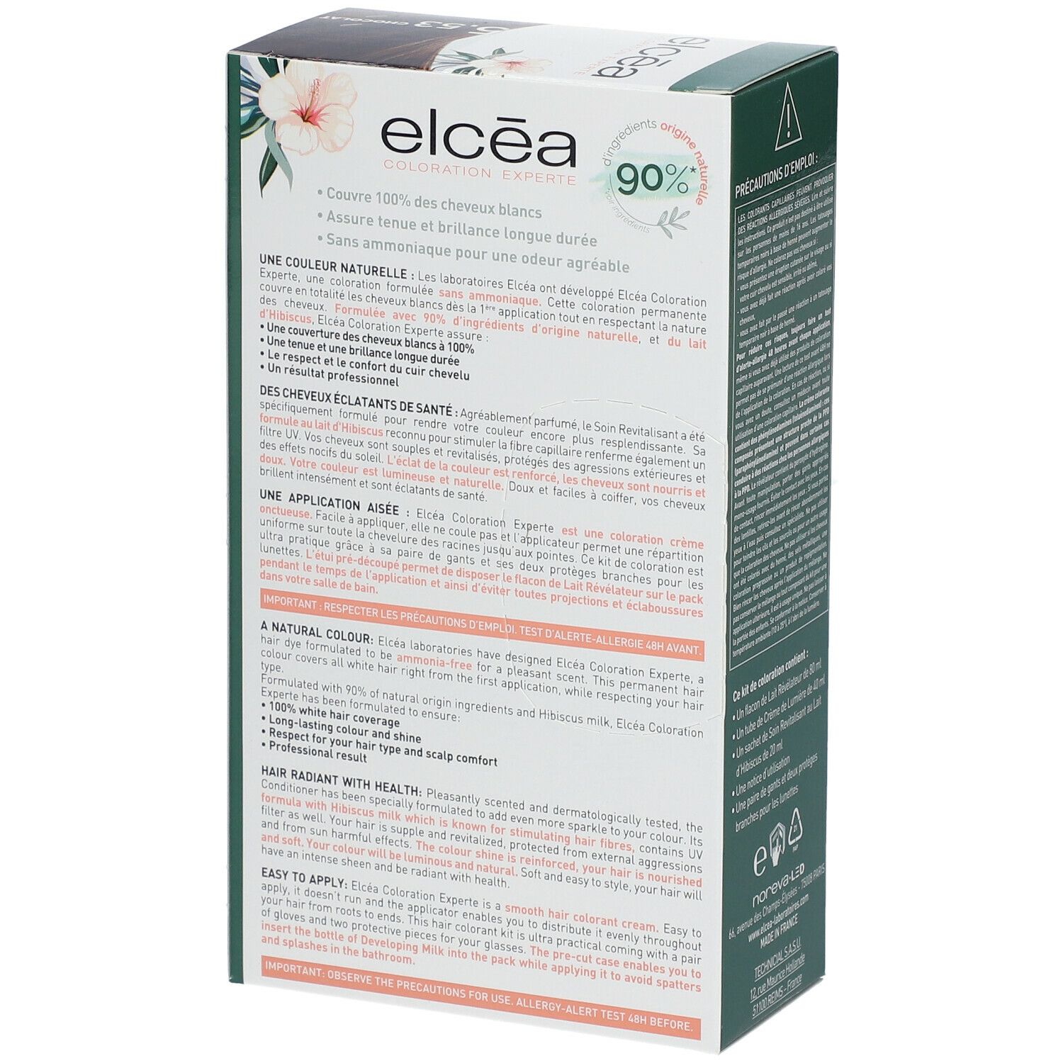 Boîte Elcéa Coloration Permanente Chocolat 5.53. Informations produit et motif floral. Vue arrière.