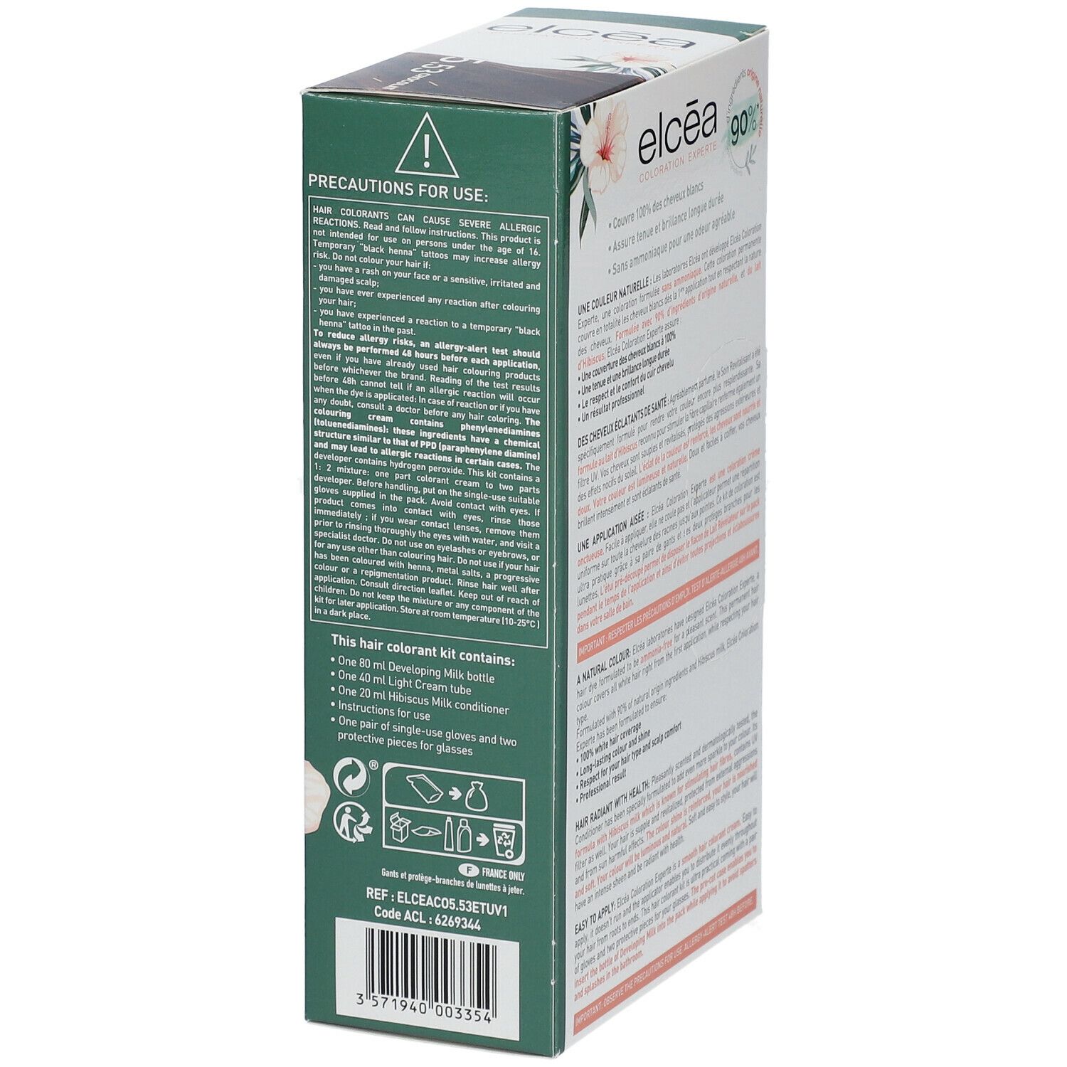 Boîte Elcéa Coloration Permanente Chocolat 5.53. Texte et informations produit. Vue latérale.