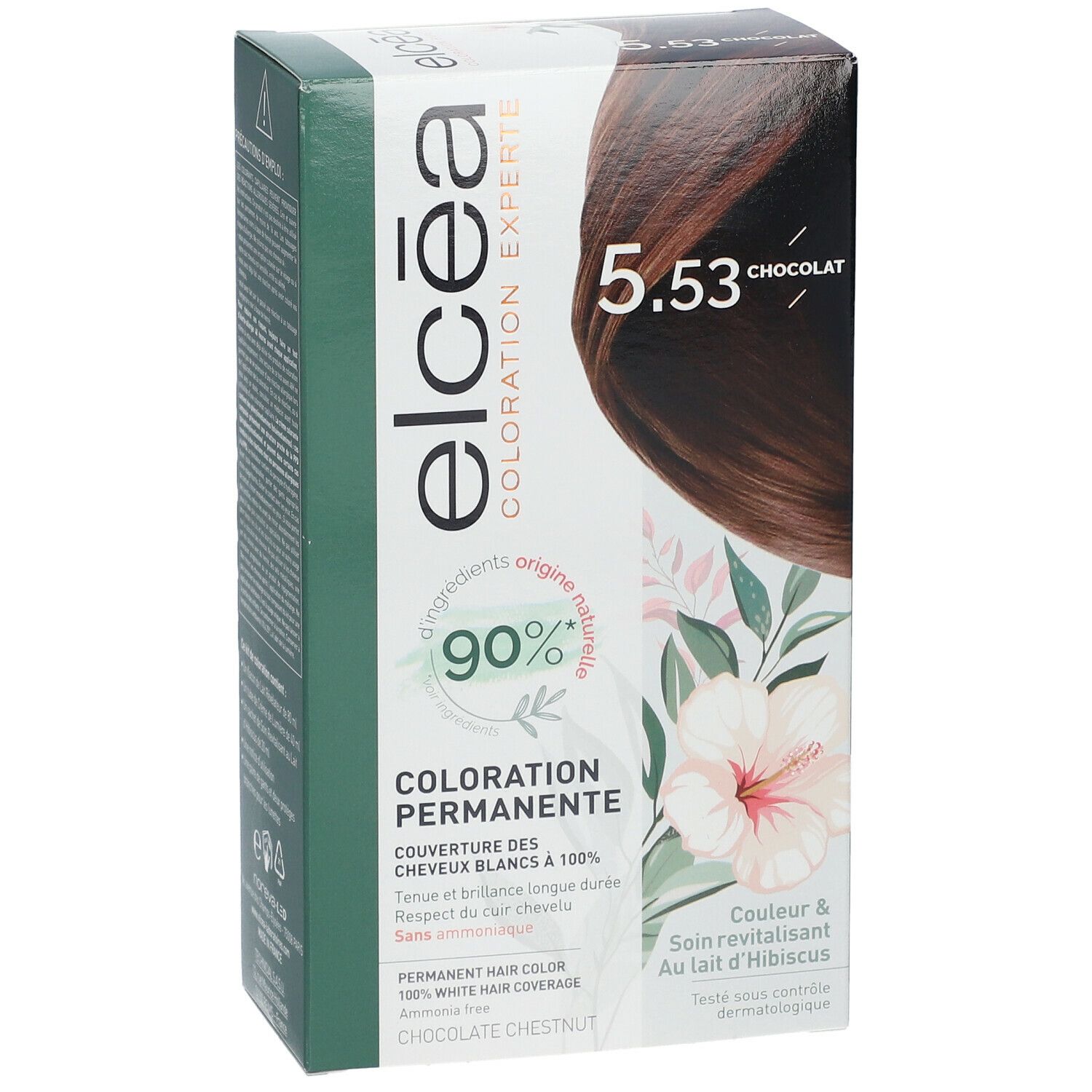 Boîte Elcéa Coloration Permanente Chocolat 5.53. Visuel produit et motif floral. Ingrédients d'origine naturelle à 90%.