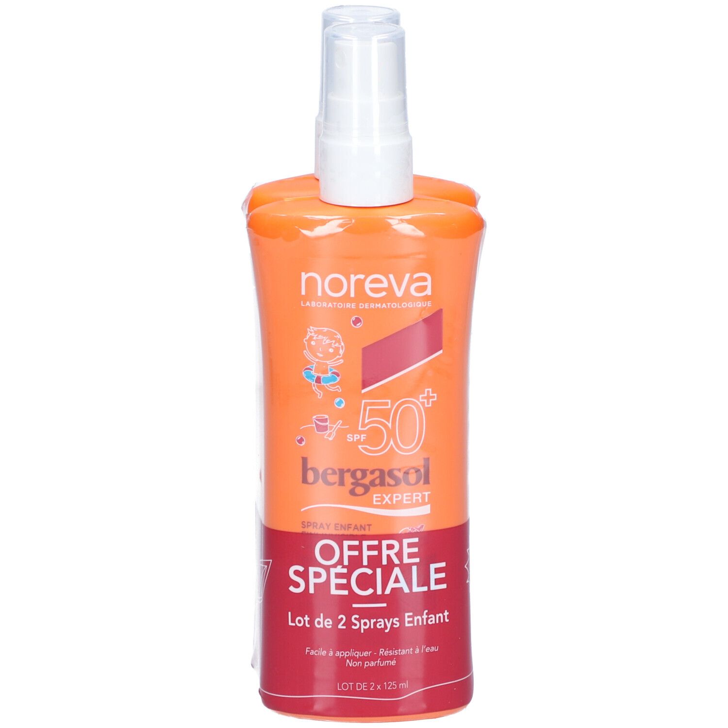 Sonnenspray für Kinder. Orangefarbene Flasche mit weißem Sprühkopf. Text: SPF 50+, Bergasol Expert, Offre Spéciale.