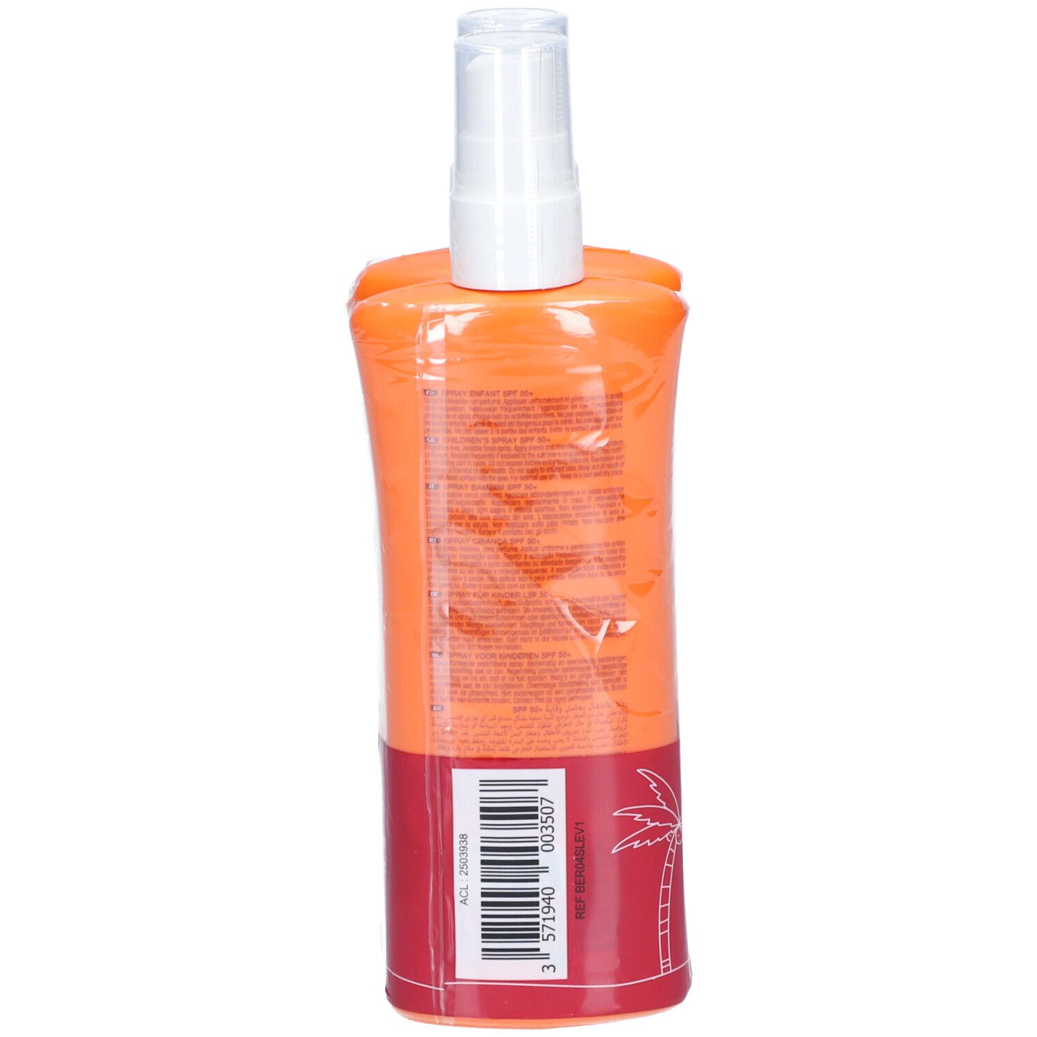 Rückseite der Sonnenspray-Flasche. Orange-roter Farbverlauf. Barcode und Text. Palme-Symbol.