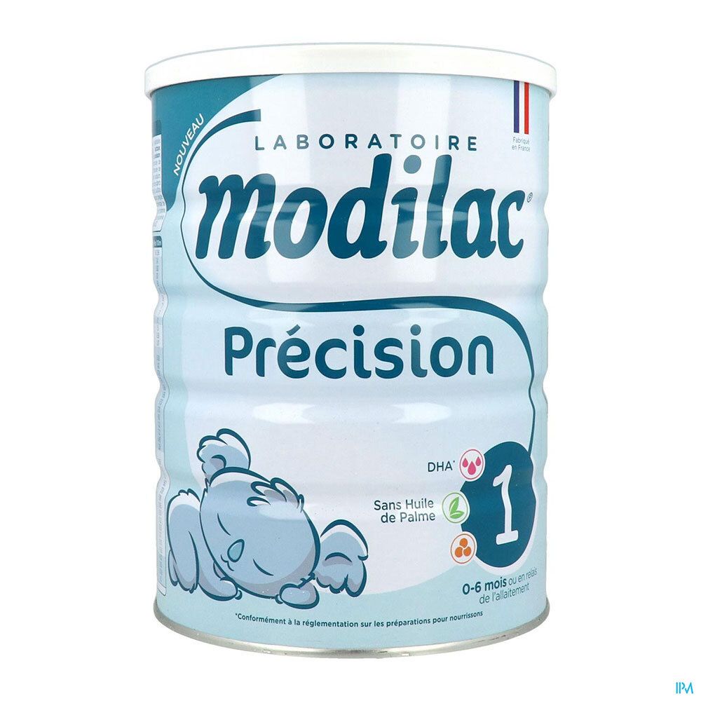 Boîte de lait infantile Modilac Précision 1. Bleu clair, couvercle blanc. Inscriptions: Modilac, Précision, 1, 0-6 mois. Illustration bébé.