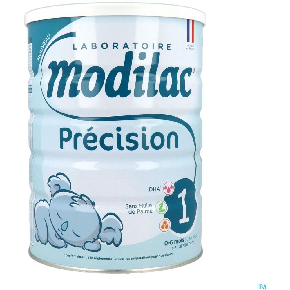 Boîte de lait infantile Modilac Précision 1. Bleu clair, couvercle blanc. Inscriptions: Modilac, Précision, 1, 0-6 mois. Illustration bébé.