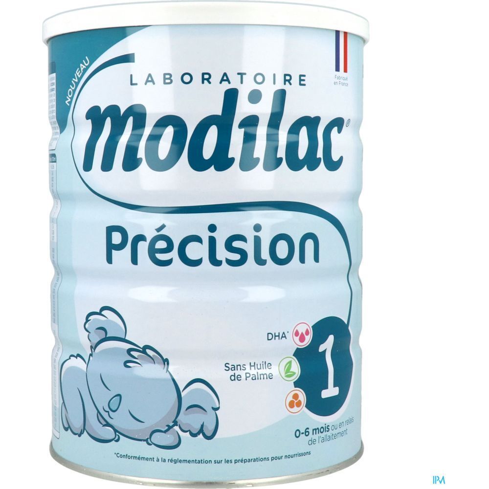 Boîte de lait infantile Modilac Précision 1. Bleu clair, couvercle blanc. Inscriptions: Modilac, Précision, 1, 0-6 mois. Illustration bébé.