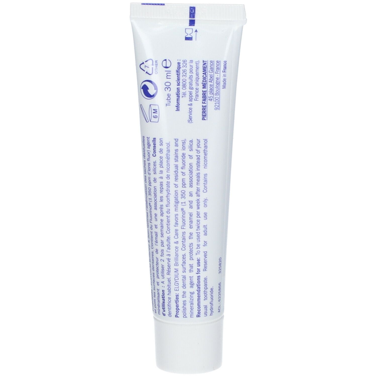 Dos du tube de dentifrice. Texte multilingue. 30 ml. Pierre Fabre Médicament.