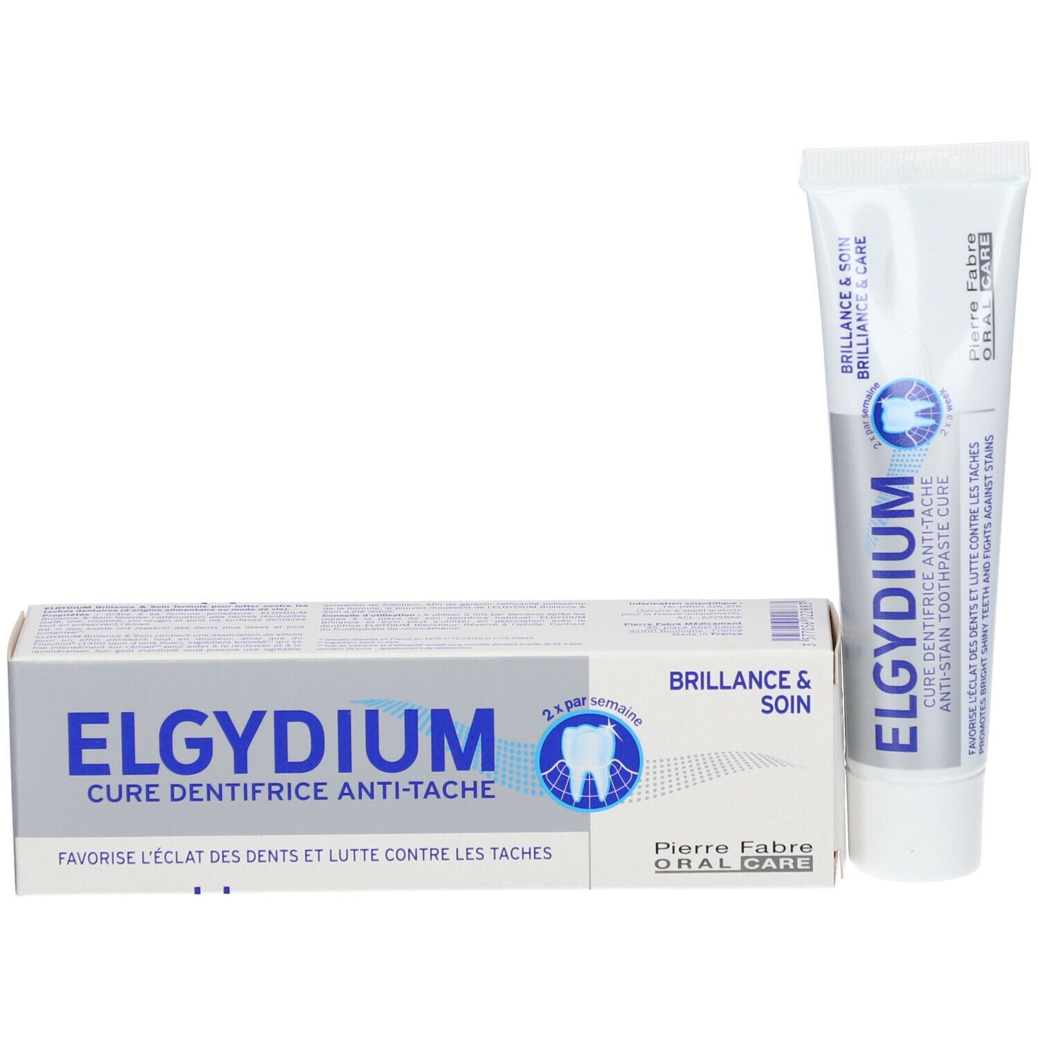 Tube et boîte de dentifrice. ELGYDIUM, Cure Dentifrice Anti-Tache. Tube blanc, boîte grise.