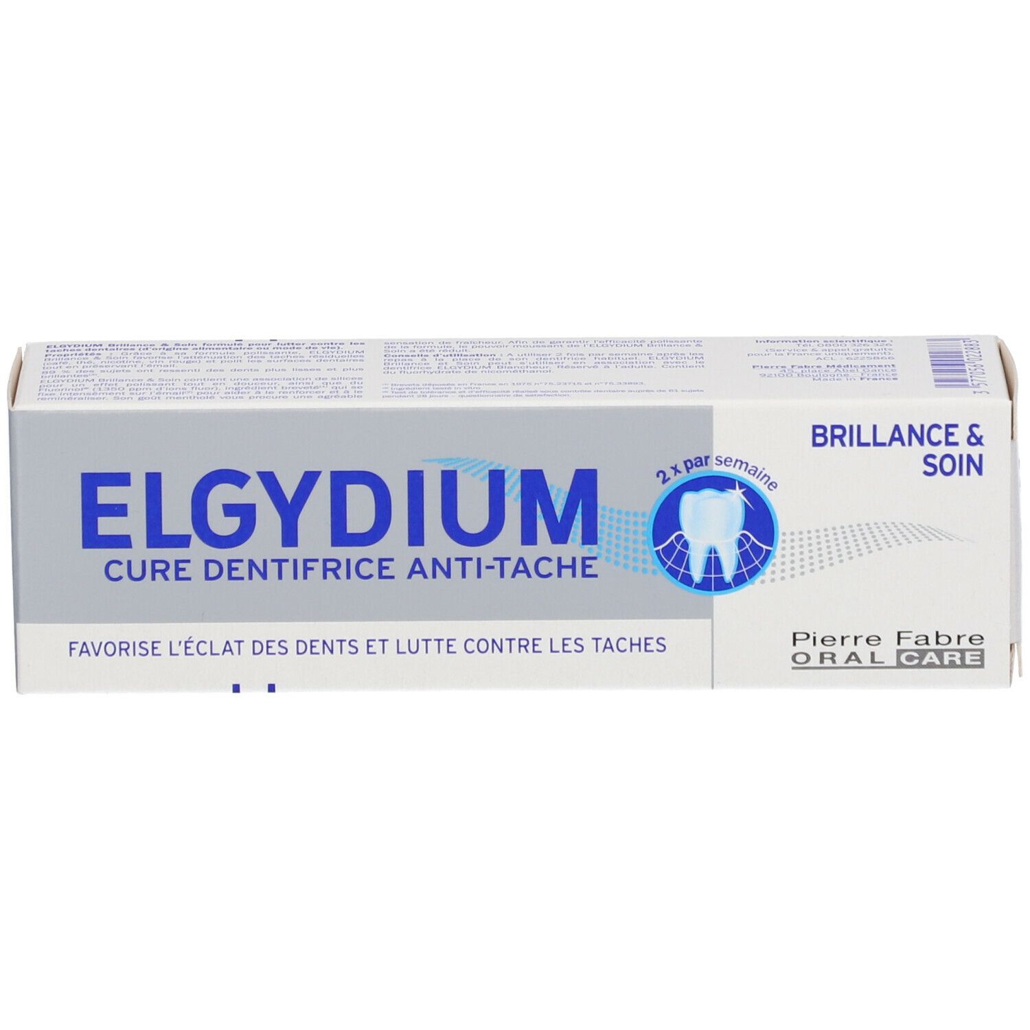 Boîte grise avec texte bleu. ELGYDIUM, Cure Dentifrice Anti-Tache. Pierre Fabre Oral Care.